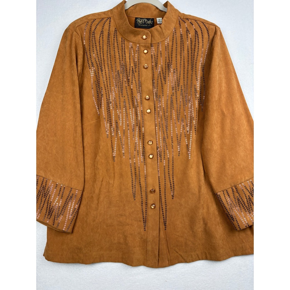Bob Mackie Wearable Art Shirt Womens 1X Faux Suede Sequin Button Up